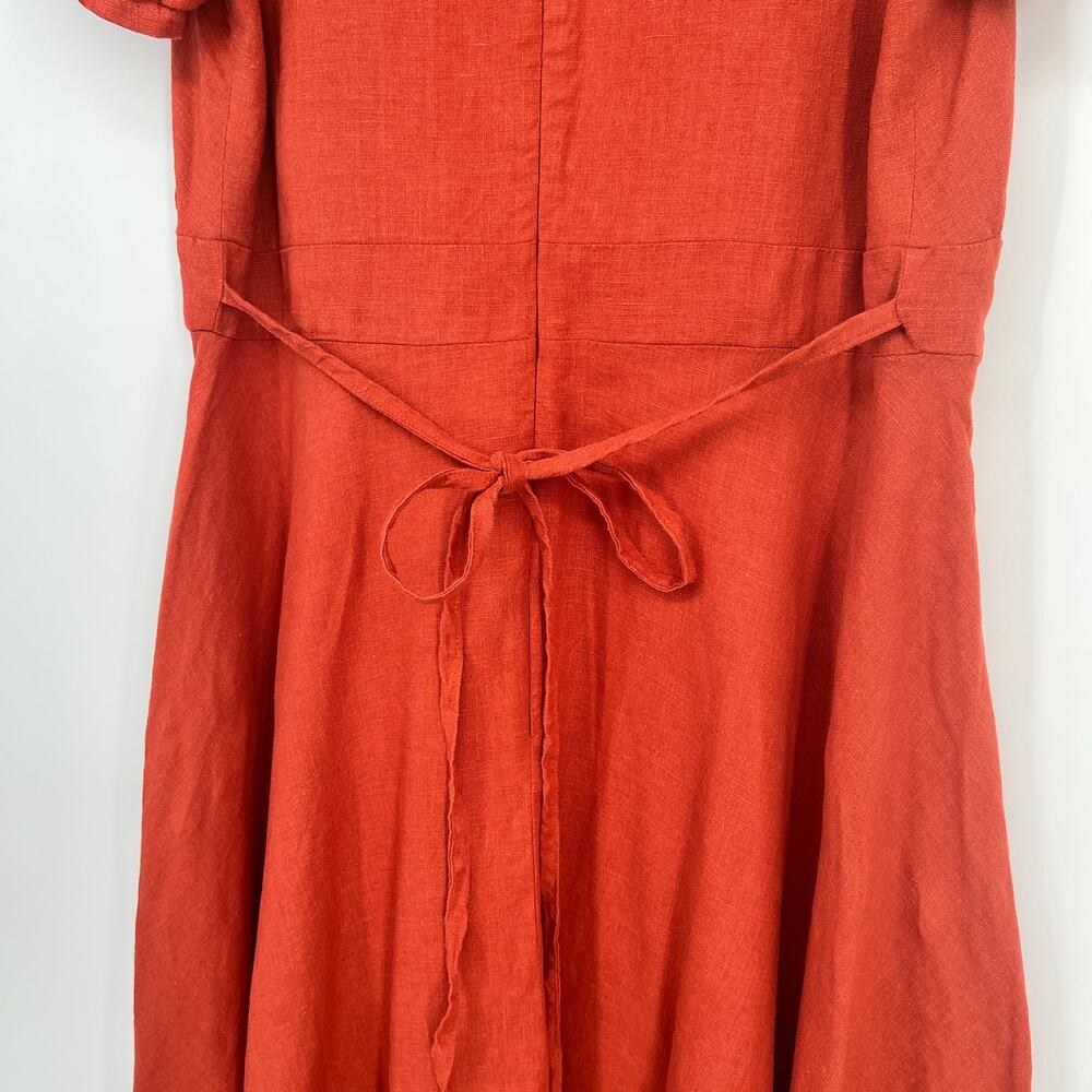 Linen Handmade Studio A Line Sicily Dress Womens 16 Red Clay V Neck Midi READ - Picture 3 of 11
